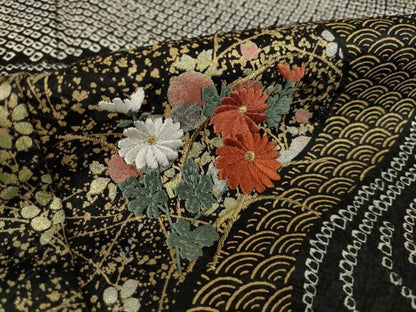 平和屋着物●訪問着　総絞り　刺繍　流水花文　黒地　金彩　鈴乃屋扱い　正絹　逸品　AABL1375ck