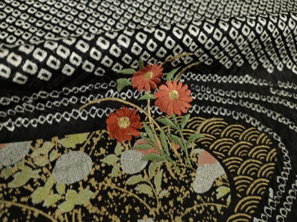 平和屋着物●訪問着　総絞り　刺繍　流水花文　黒地　金彩　鈴乃屋扱い　正絹　逸品　AABL1375ck