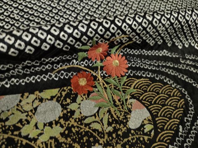 平和屋着物●訪問着　総絞り　刺繍　流水花文　黒地　金彩　鈴乃屋扱い　正絹　逸品　AABL1375ck