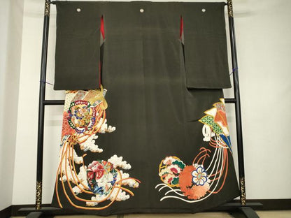 平和屋本店●アンティーク　大正ロマン　黒留袖　駒刺繍　花丸文　金彩　正絹　逸品　AABL1384ck
