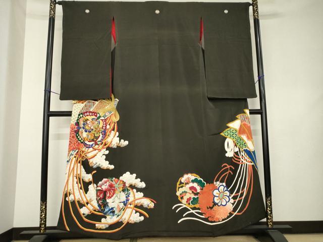 平和屋本店●アンティーク　大正ロマン　黒留袖　駒刺繍　花丸文　金彩　正絹　逸品　AABL1384ck