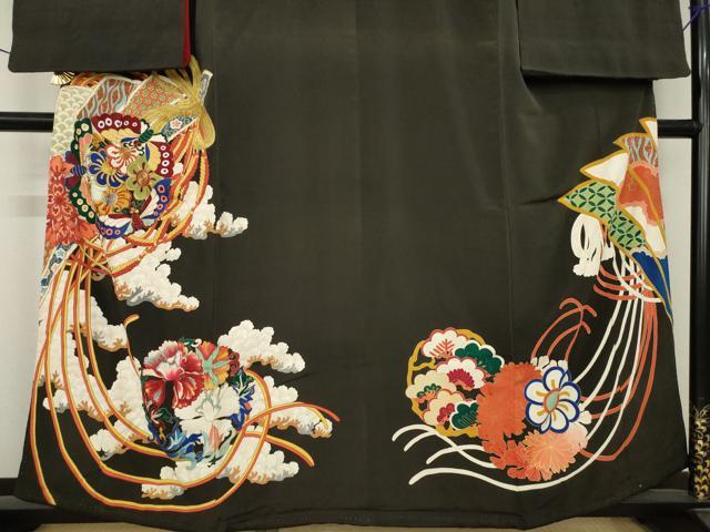 平和屋本店●アンティーク　大正ロマン　黒留袖　駒刺繍　花丸文　金彩　正絹　逸品　AABL1384ck