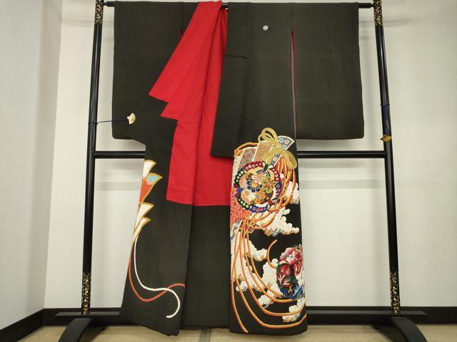 平和屋本店●アンティーク　大正ロマン　黒留袖　駒刺繍　花丸文　金彩　正絹　逸品　AABL1384ck