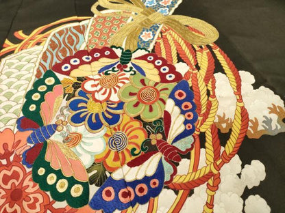 平和屋本店●アンティーク　大正ロマン　黒留袖　駒刺繍　花丸文　金彩　正絹　逸品　AABL1384ck