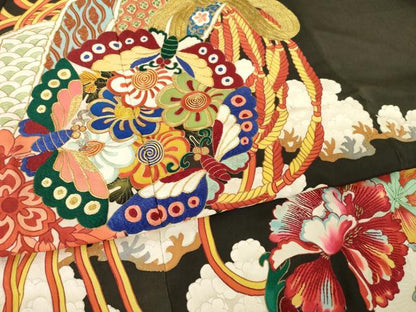 平和屋本店●アンティーク　大正ロマン　黒留袖　駒刺繍　花丸文　金彩　正絹　逸品　AABL1384ck