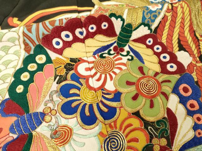 平和屋本店●アンティーク　大正ロマン　黒留袖　駒刺繍　花丸文　金彩　正絹　逸品　AABL1384ck