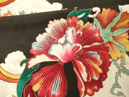 平和屋本店●アンティーク　大正ロマン　黒留袖　駒刺繍　花丸文　金彩　正絹　逸品　AABL1384ck