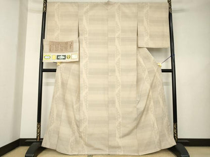 平和屋着物●伝統工芸士　白川貞夫　お召　本しぼ絣　柿渋染　麻の葉間道　証紙付き　正絹　逸品　AABL1392ck