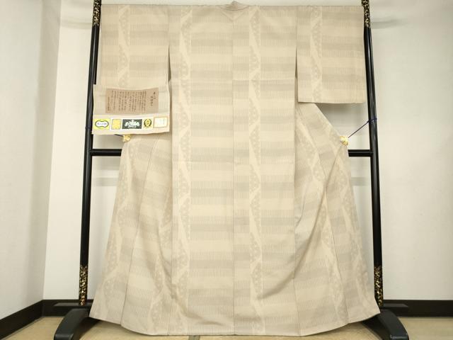 平和屋着物●伝統工芸士　白川貞夫　お召　本しぼ絣　柿渋染　麻の葉間道　証紙付き　正絹　逸品　AABL1392ck