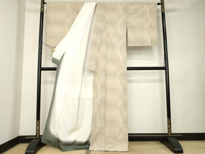 平和屋着物●伝統工芸士　白川貞夫　お召　本しぼ絣　柿渋染　麻の葉間道　証紙付き　正絹　逸品　AABL1392ck