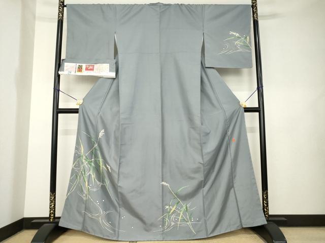 平和屋着物●本加賀友禅作家　柿本市郎　訪問着　白山紬　葦　証紙付き　正絹　逸品　未使用　AABL1398ck