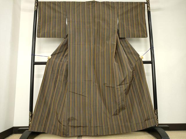 平和屋着物●本場黄八丈　黒黄八　平織　紬　縞　正絹　逸品　AABL1400ck