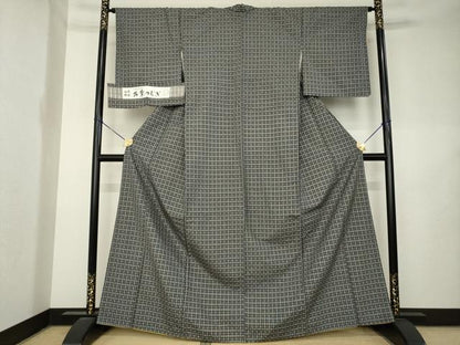 平和屋着物●西陣　手織花結城　万葉つむぎ　格子　証紙付き　正絹　逸品　AABL1402ck