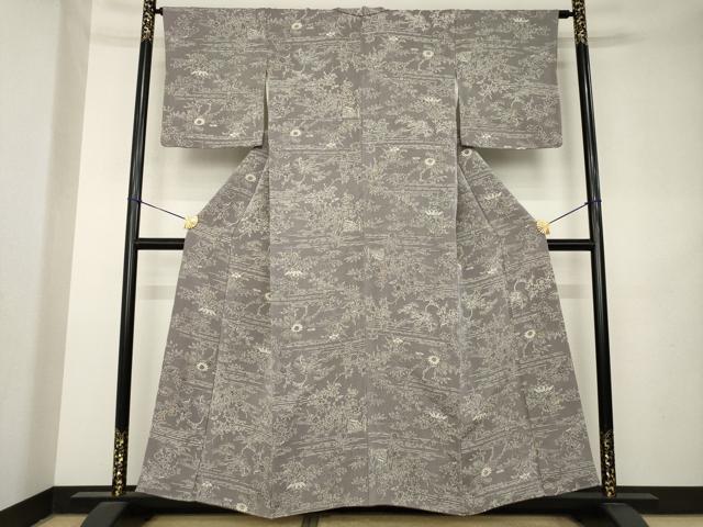 平和屋着物●上質な小紋　型染め　流水風景花文　正絹　逸品　AABL1404ck