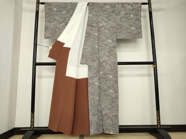 平和屋着物●上質な小紋　型染め　流水風景花文　正絹　逸品　AABL1404ck