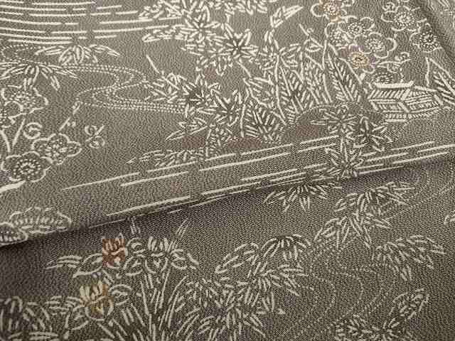平和屋着物●上質な小紋　型染め　流水風景花文　正絹　逸品　AABL1404ck
