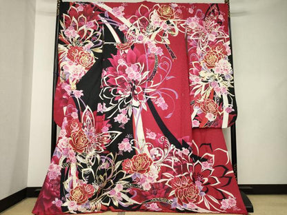 平和屋着物●豪華振袖　刺繍　花蝶文　ラインストーン　黒地　金銀彩　銀通し地　ロング丈　正絹　逸品　AABL1412ck