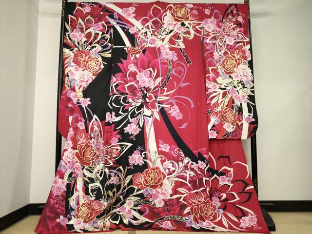 平和屋着物●豪華振袖　刺繍　花蝶文　ラインストーン　黒地　金銀彩　銀通し地　ロング丈　正絹　逸品　AABL1412ck