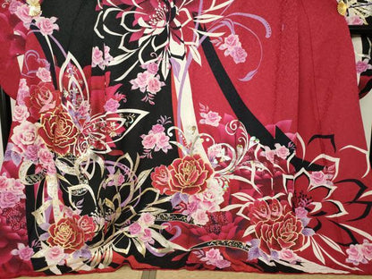 平和屋着物●豪華振袖　刺繍　花蝶文　ラインストーン　黒地　金銀彩　銀通し地　ロング丈　正絹　逸品　AABL1412ck