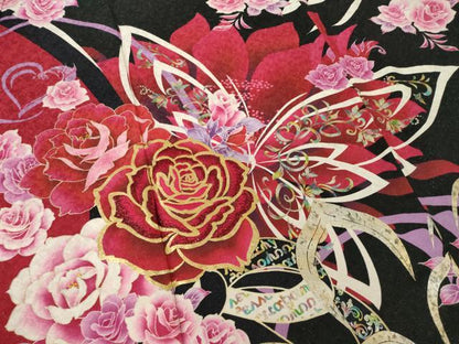 平和屋着物●豪華振袖　刺繍　花蝶文　ラインストーン　黒地　金銀彩　銀通し地　ロング丈　正絹　逸品　AABL1412ck