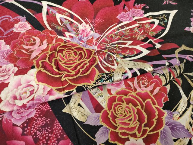 平和屋着物●豪華振袖　刺繍　花蝶文　ラインストーン　黒地　金銀彩　銀通し地　ロング丈　正絹　逸品　AABL1412ck