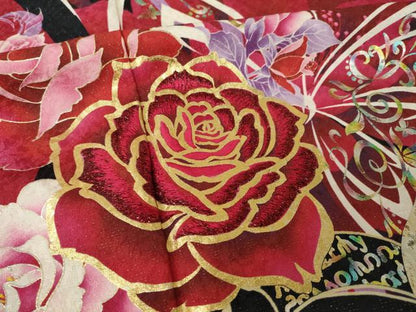 平和屋着物●豪華振袖　刺繍　花蝶文　ラインストーン　黒地　金銀彩　銀通し地　ロング丈　正絹　逸品　AABL1412ck