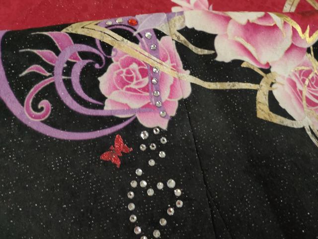 平和屋着物●豪華振袖　刺繍　花蝶文　ラインストーン　黒地　金銀彩　銀通し地　ロング丈　正絹　逸品　AABL1412ck