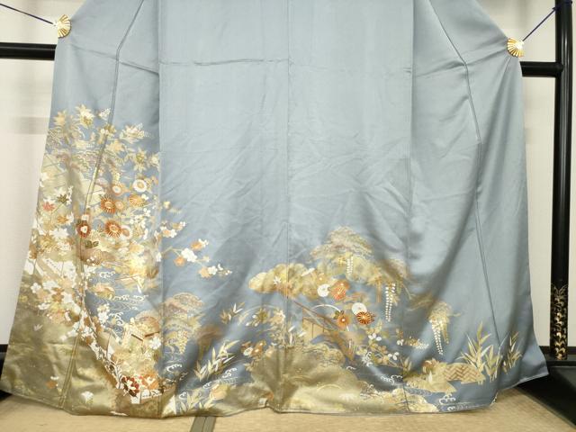 平和屋着物●訪問着　駒刺繍　御所車花文　金彩　正絹　逸品　AABL1417ck