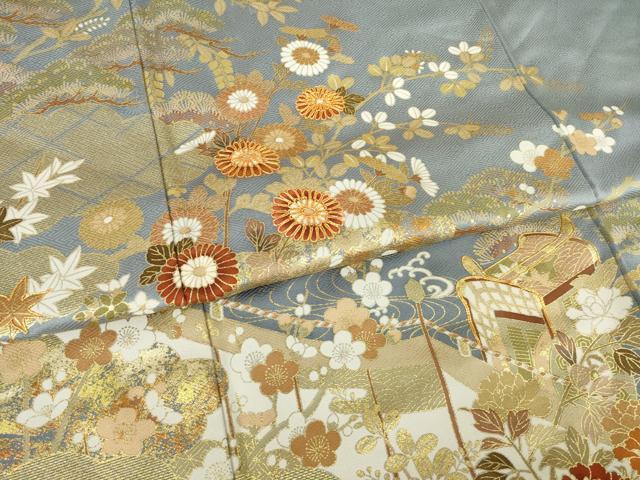 平和屋着物●訪問着　駒刺繍　御所車花文　金彩　正絹　逸品　AABL1417ck