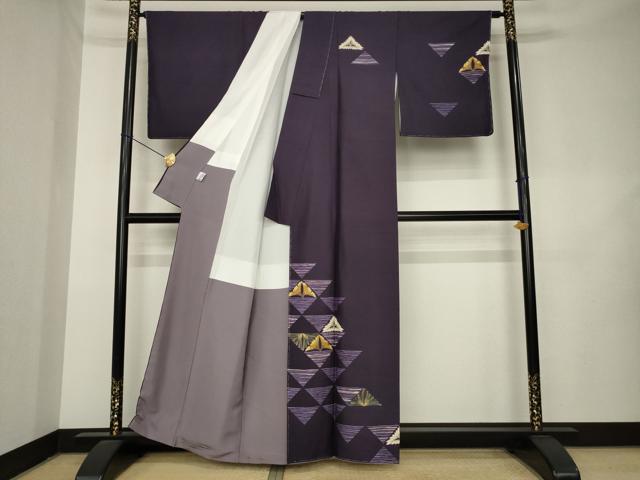 平和屋着物●訪問着　紬地　松　鱗文様　金彩　京都きもの友禅扱い　正絹　逸品　未使用　AABL1419ck