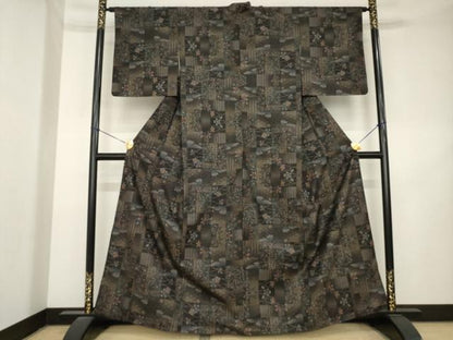 平和屋着物●本場大島紬　9マルキ　市松流水花文　正絹　逸品　AABL1421ck