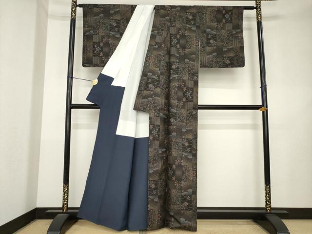 平和屋着物●本場大島紬　9マルキ　市松流水花文　正絹　逸品　AABL1421ck