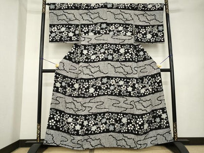 平和屋着物●訪問着　総絞り　横段花文　黒地　正絹　逸品　AABL1427ck