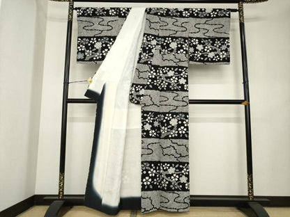 平和屋着物●訪問着　総絞り　横段花文　黒地　正絹　逸品　AABL1427ck