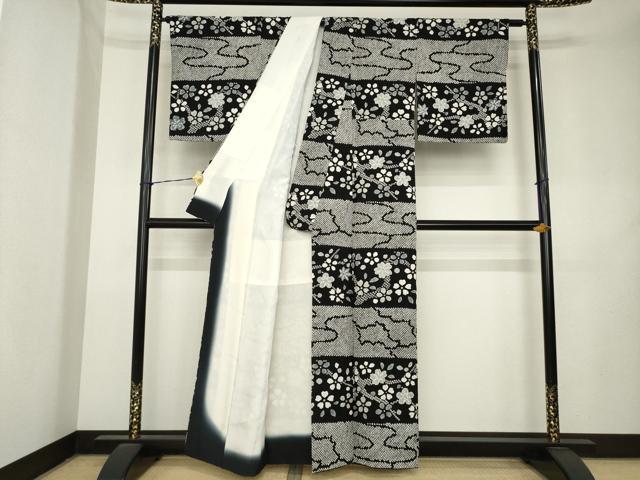 平和屋着物●訪問着　総絞り　横段花文　黒地　正絹　逸品　AABL1427ck