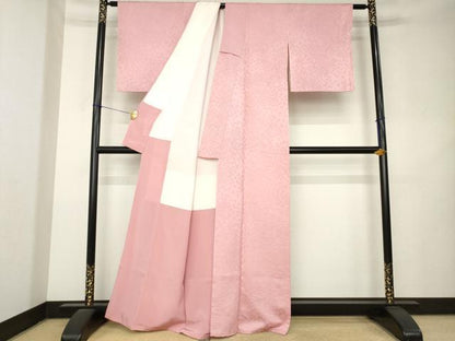平和屋着物●上質な色無地　舞花地紋　結びふみ　紅梅色　正絹　逸品　未使用　AABL1438ck