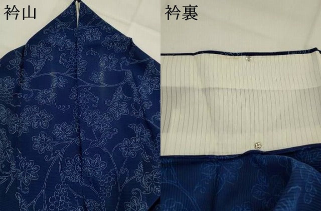 平和屋着物＊夏物　小紋　絽　藍染め　葡萄唐草文　正絹　逸品　AABL1446st