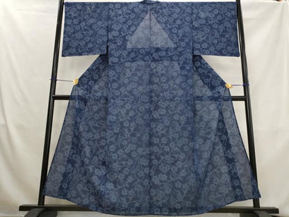 平和屋着物＊夏物　小紋　絽　藍染め　葡萄唐草文　正絹　逸品　AABL1446st