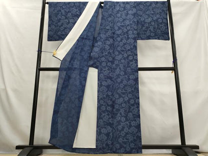 平和屋着物＊夏物　小紋　絽　藍染め　葡萄唐草文　正絹　逸品　AABL1446st