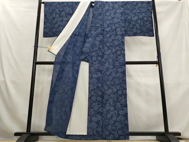 平和屋着物＊夏物　小紋　絽　藍染め　葡萄唐草文　正絹　逸品　AABL1446st
