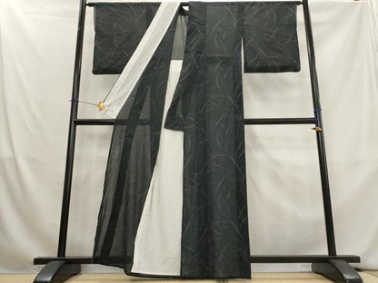 平和屋着物＊夏物　洗える最高級着物　＜英＞はなぶさ謹製　小紋　紗　草葉文　黒地　洗える着物　AABL1457st