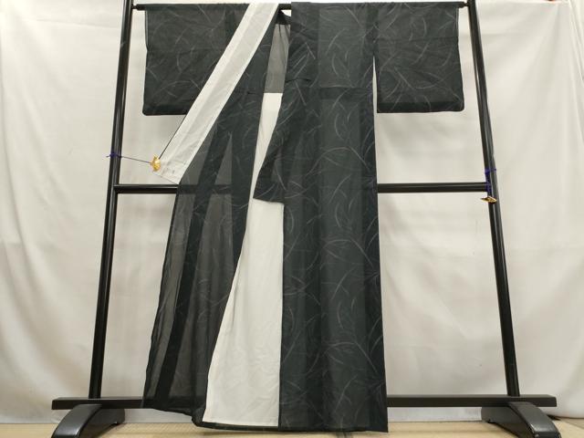 平和屋着物＊夏物　洗える最高級着物　＜英＞はなぶさ謹製　小紋　紗　草葉文　黒地　洗える着物　AABL1457st