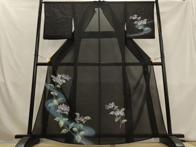 平和屋着物＊夏物　訪問着　絽　紫陽花　暈し染め　黒地　正絹　逸品　AABL1467st