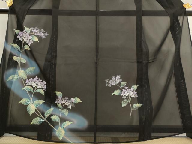 平和屋着物＊夏物　訪問着　絽　紫陽花　暈し染め　黒地　正絹　逸品　AABL1467st