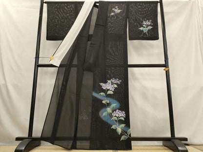 平和屋着物＊夏物　訪問着　絽　紫陽花　暈し染め　黒地　正絹　逸品　AABL1467st