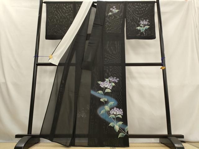 平和屋着物＊夏物　訪問着　絽　紫陽花　暈し染め　黒地　正絹　逸品　AABL1467st