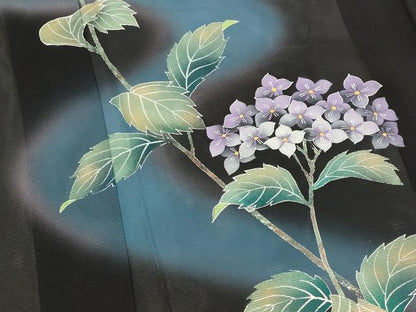 平和屋着物＊夏物　訪問着　絽　紫陽花　暈し染め　黒地　正絹　逸品　AABL1467st