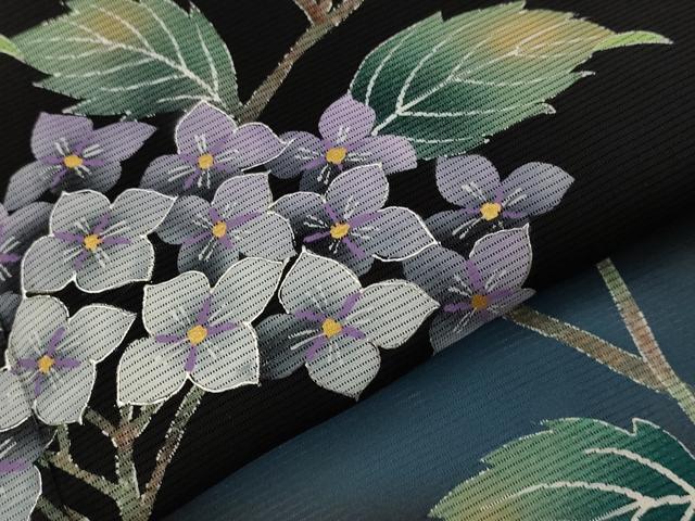 平和屋着物＊夏物　訪問着　絽　紫陽花　暈し染め　黒地　正絹　逸品　AABL1467st