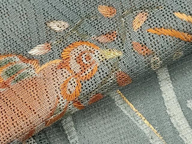 平和屋着物＊夏物　訪問着　刺繍　菱文紗　花鳥丸文　金糸　金彩　正絹　逸品　AABL1471st