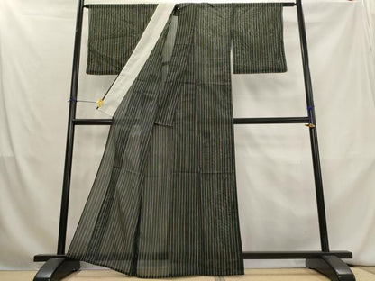 平和屋着物＊夏物　小紋　絽　縞　黒地　洗える着物　未使用　AABL1478st